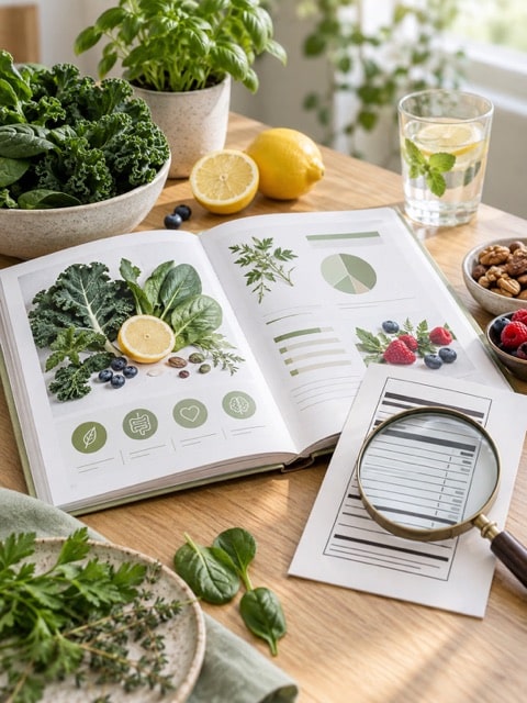 Open practical guide with foods and a nutrient overview